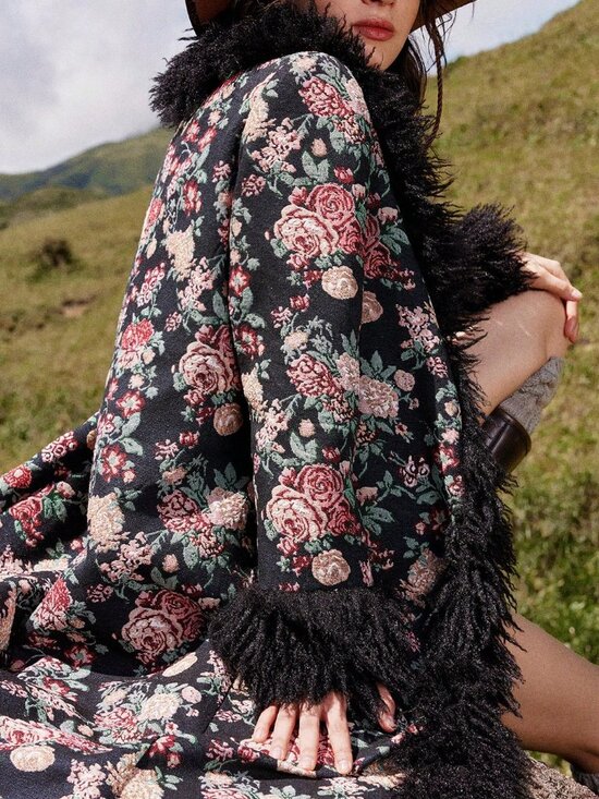 Boho Beauty Women's Casual Long Sleeve Jacquard Woven faux fur trim Jacket - Picture 5 of 11